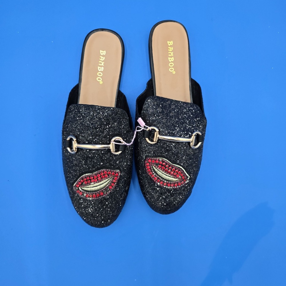 Women's Bamboo Jackpot, Black Glitter Red LIPS  Mules 8M US 38‎ EU New - Picture 4 of 8